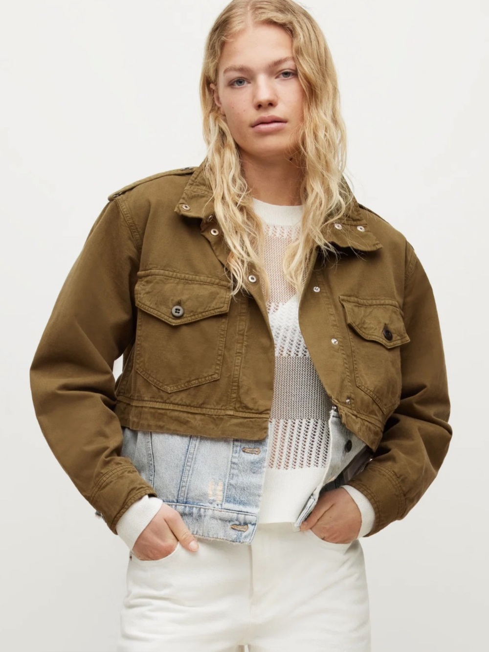 AllSaints Cadie Olive Green and removable denim combination Jacket 4 - Picture 10 of 10